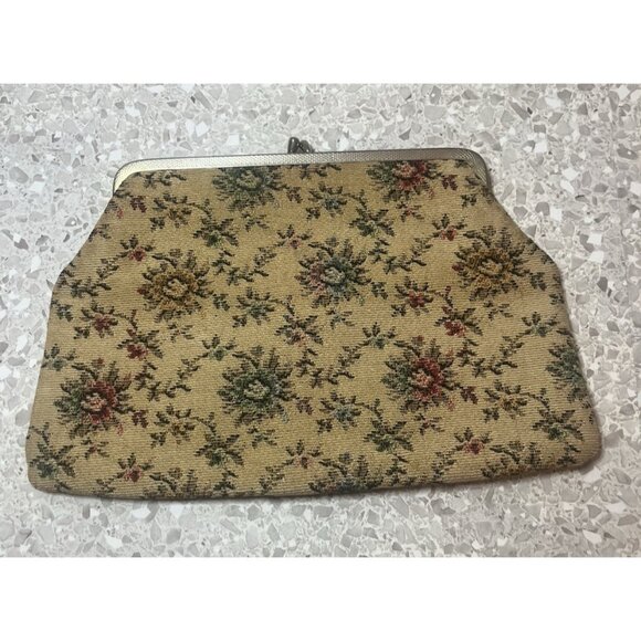 Tapestry Floral Clutch Kiss Closure Bag Purse Vintage Gold Tone Hardware 12 x 8" - Picture 2 of 11